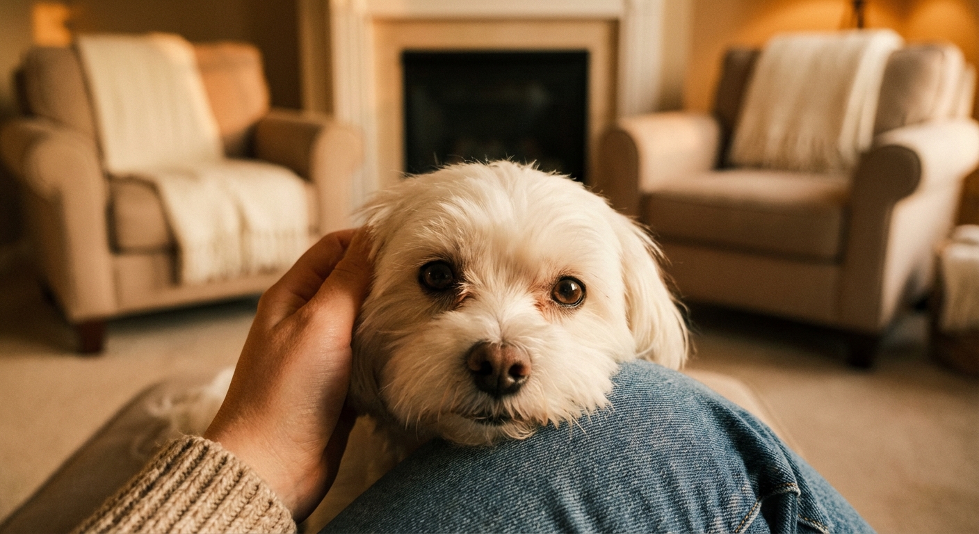 Maltese resting on owner's lap with trusting eyes