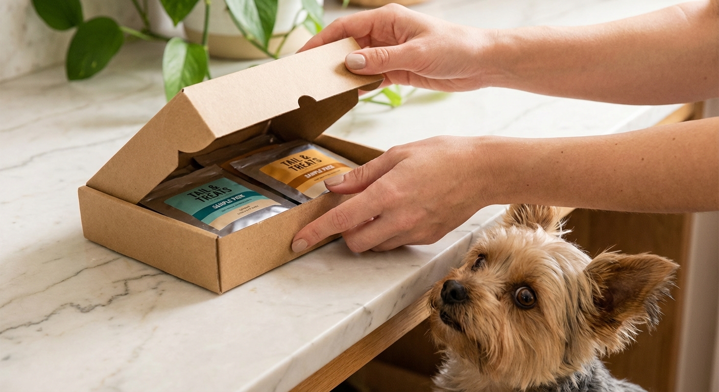 Excited dog watching Finiki sample box being opened